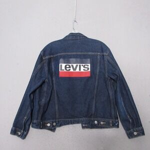 Levis Trucker Jacket Women Medium Ex‎ Boyfriend Denim Logo Graphic Statement